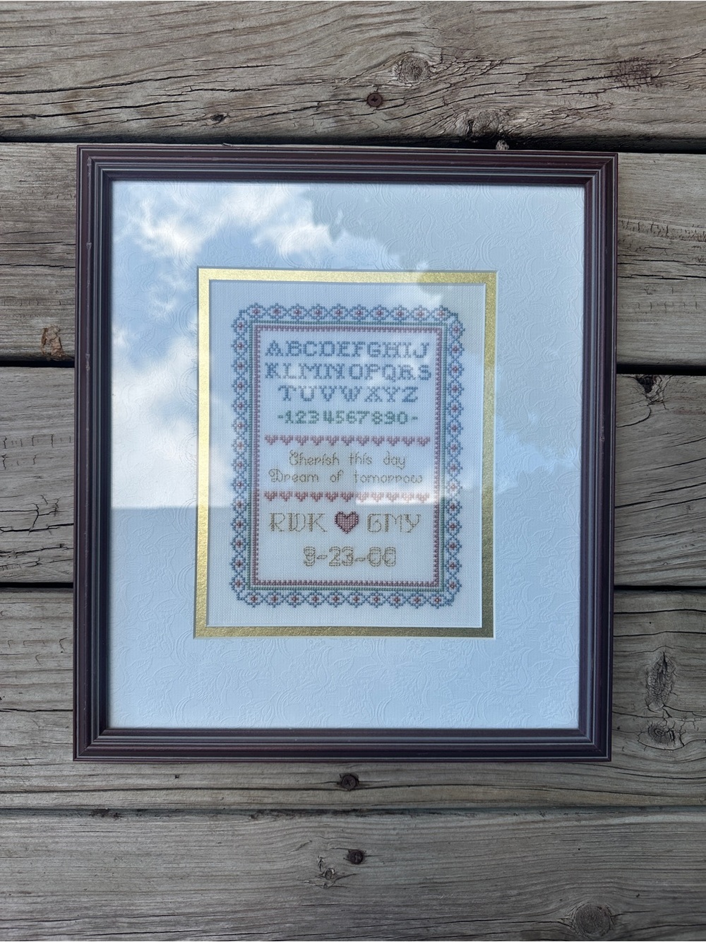 Beautiful Handcrafted Y2K Crosstitch Wedding Sampler in Archival Framing